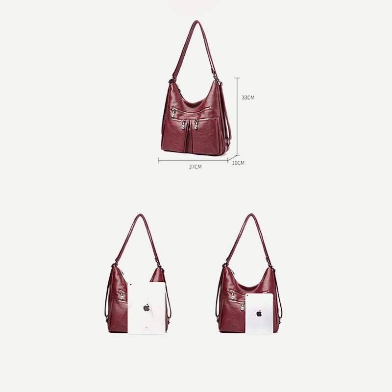 3-Way Use Backpack Multi-Pocket Leather Zip Crossbody Shoulder Bag