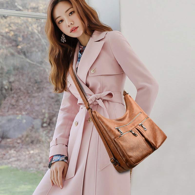 3-Way Use Backpack Multi-Pocket Leather Zip Crossbody Shoulder Bag