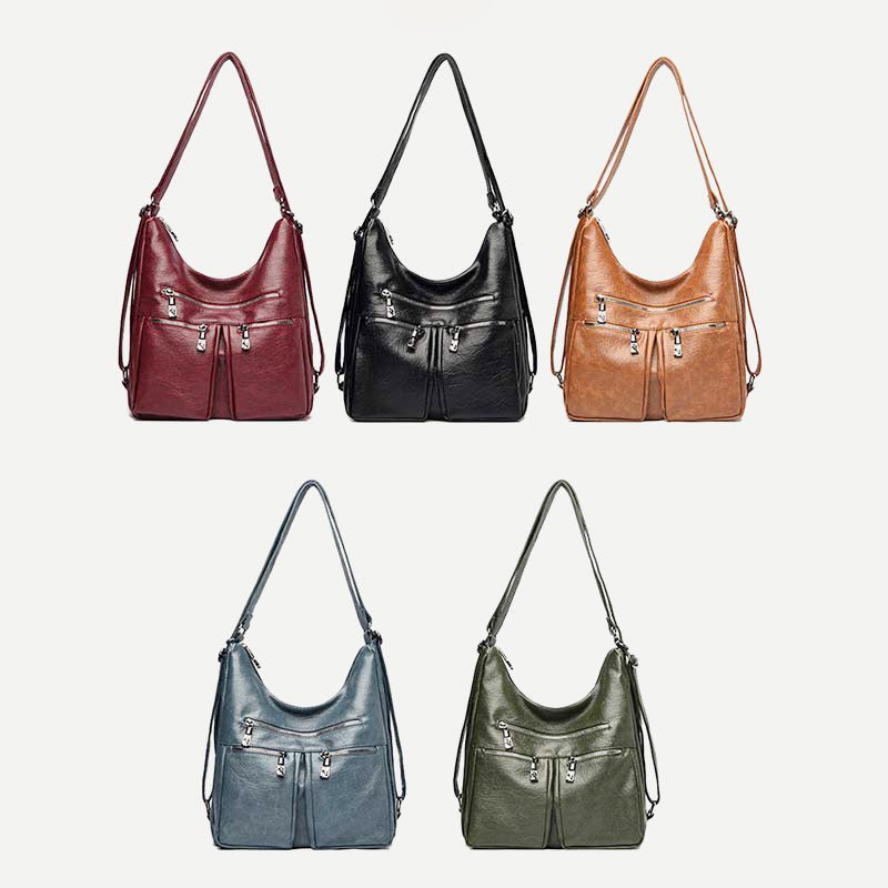 3-Way Use Backpack Multi-Pocket Leather Zip Crossbody Shoulder Bag