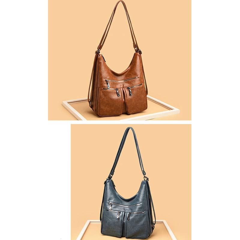3-Way Use Backpack Multi-Pocket Leather Zip Crossbody Shoulder Bag