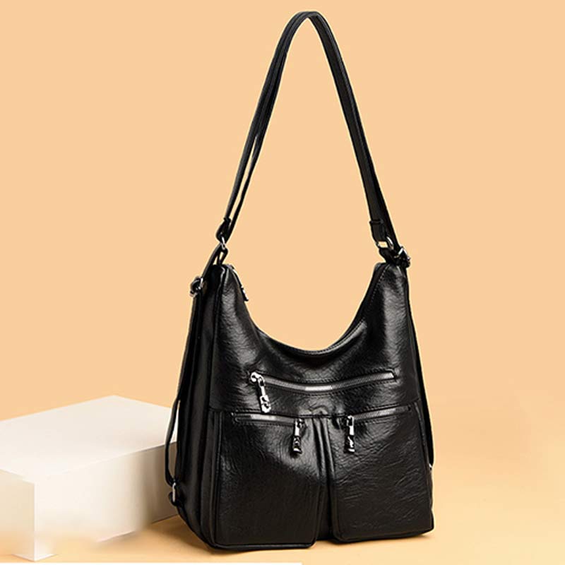 3-Way Use Backpack Multi-Pocket Leather Zip Crossbody Shoulder Bag