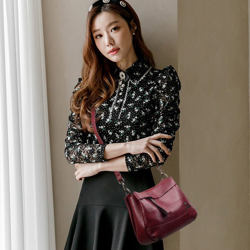 Triple Compartment Leather Handbag