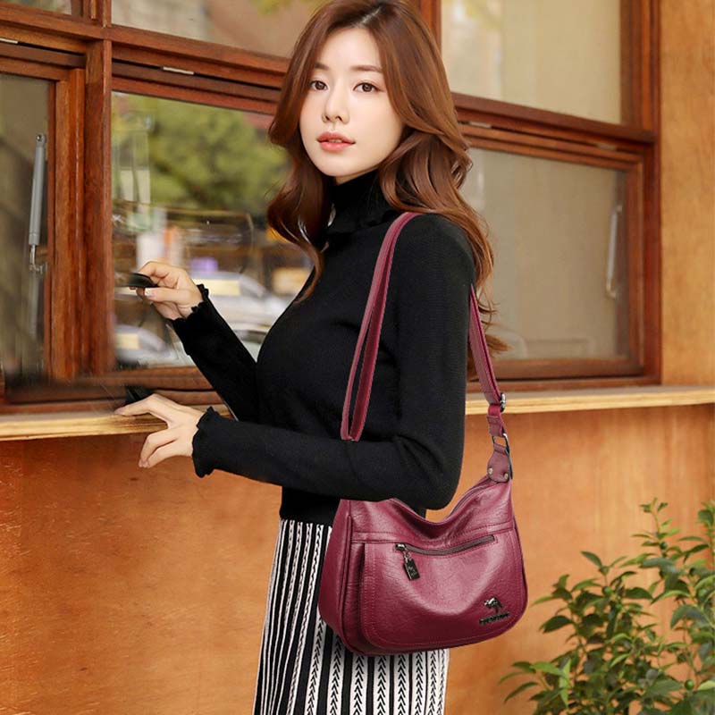 Soft Leather Double Compartment Crossbody Bag