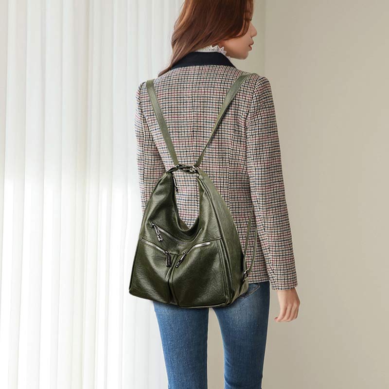 3-Way Use Backpack Multi-Pocket Leather Zip Crossbody Shoulder Bag