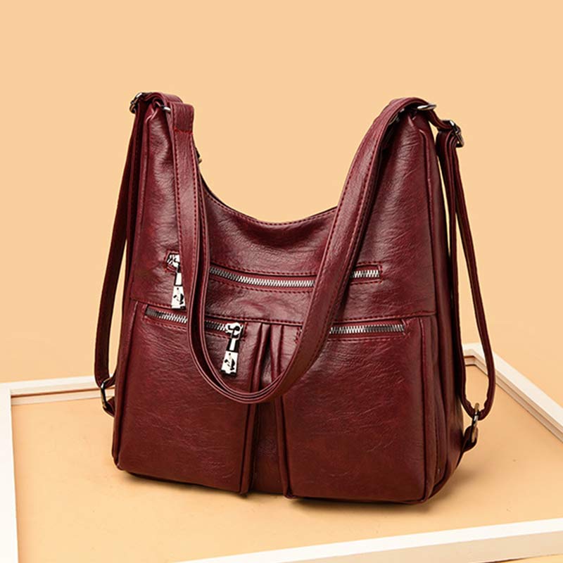 3-Way Use Backpack Multi-Pocket Leather Zip Crossbody Shoulder Bag